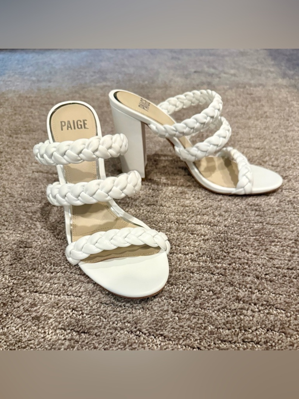 PAIGE White Braided Triple-Strap Block High Heel Sandals